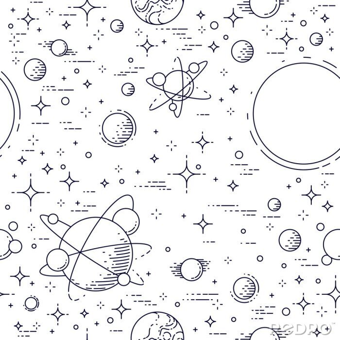 Tapete Nahtloser Hintergrund des Raumes mit Planeten, Sternen, Asteroiden und Kometen, kosmisch fantastisches und interessantes Textilgewebe der unentdeckten Galaxie für Kinder, endloses Tilingsmuster, Vekto