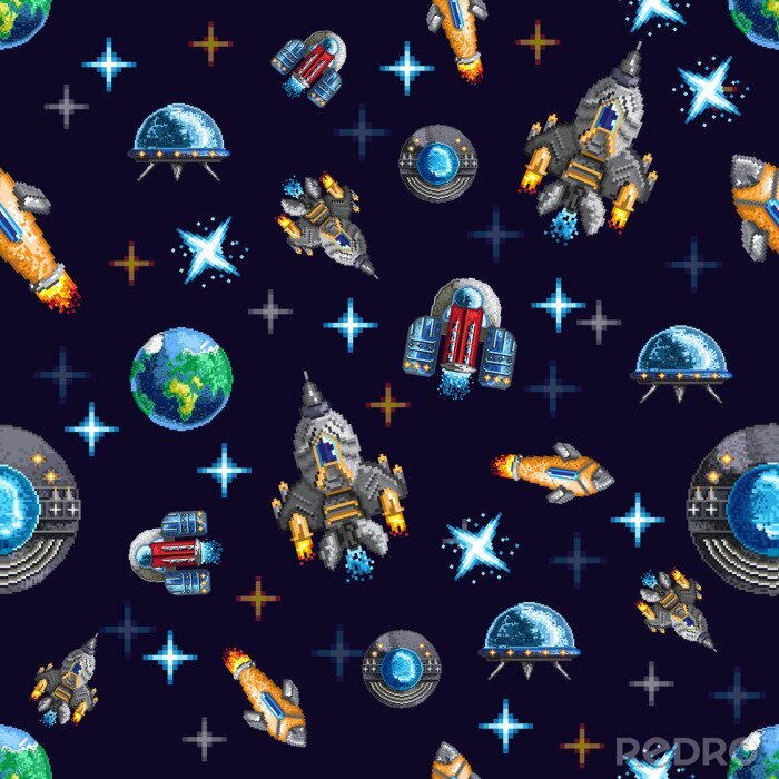 Tapete Nahtloser Hintergrund mit Pixel fliegenden Weltraumraketen und Schiff unter Planeten