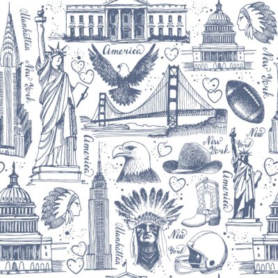 Tapete Nahtloser Hintergrund mit Skizzen von Symbolen der USA