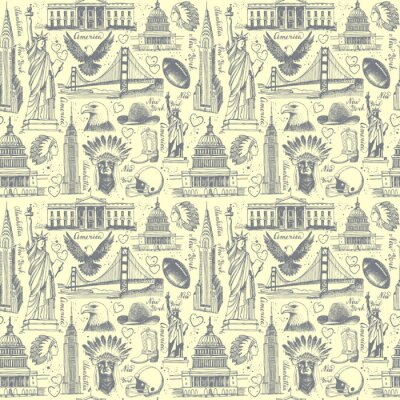 Tapete Nahtloser Hintergrund mit Skizzen von Symbolen der USA