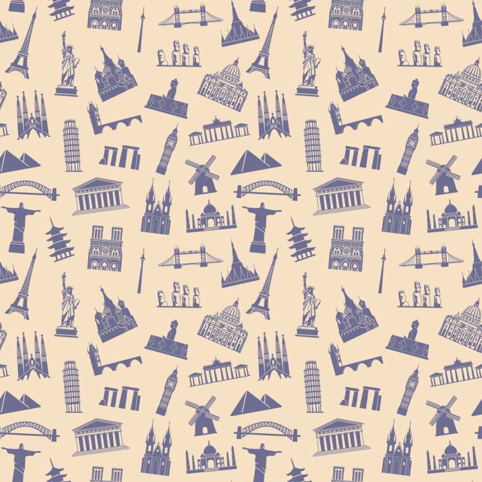 Tapete Nahtloser Hintergrund mit Touristenattraktionen und architektonischen Sehenswürdigkeiten