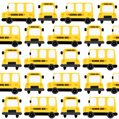 Nahtloser Musterhintergrund des gelben Schulbusses. Design für Stoff, Verpackung, Textil, Tapete, Bekleidung