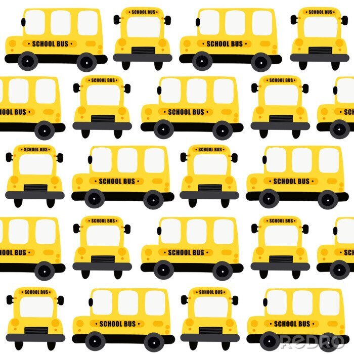 Tapete Nahtloser Musterhintergrund des gelben Schulbusses. Design für Stoff, Verpackung, Textil, Tapete, Bekleidung