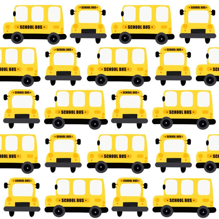 Tapete Nahtloser Musterhintergrund des gelben Schulbusses. Design für Stoff, Verpackung, Textil, Tapete, Bekleidung