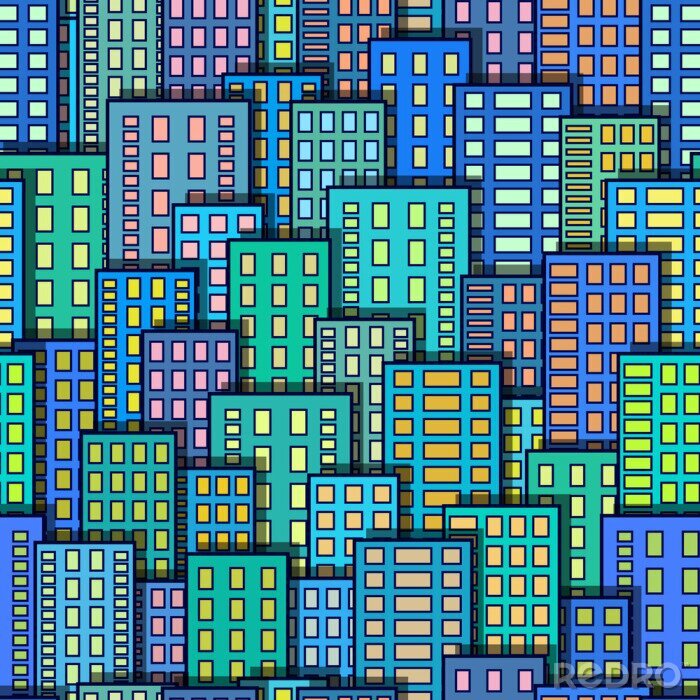 Tapete Nahtloser städtischer Hintergrund, abstrakte bunte Stadt, Wolkenkratzer mit glühendem Windows, Fliesen-Muster für Ihr Design. Eps10, enthält Transparentfolien. Vektor