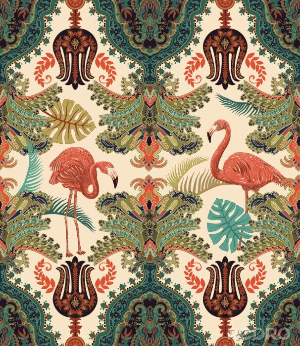 Tapete Nahtloses arabisches Muster. Ethnische Ziertapete. Bunter dekorativer Hintergrund mit Ornamenten, Pflanzen und Flamingos. Design für Textil, Stoff, Web, Geschenkpapier