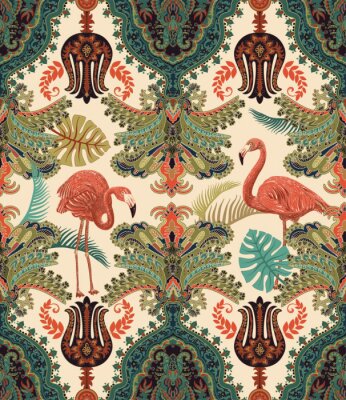 Tapete Nahtloses arabisches Muster. Ethnische Ziertapete. Bunter dekorativer Hintergrund mit Ornamenten, Pflanzen und Flamingos. Design für Textil, Stoff, Web, Geschenkpapier