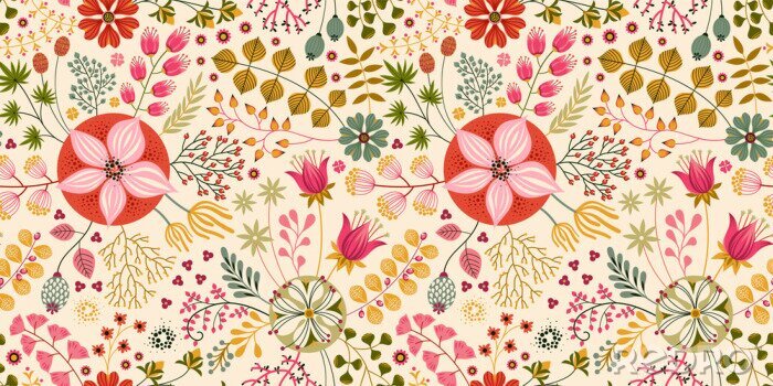 Tapete Nahtloses Blumenmuster auf WEISS. Abstrakter Vektorhintergrund mit Blumen und Blättern. Natürliches helles Design