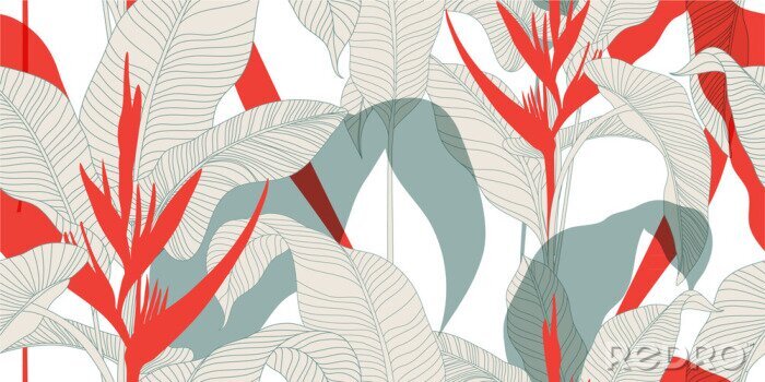 Tapete Nahtloses Blumenmuster im orientalischen Vintage-Stil. Exotische Blätter mit roten Heliconia-Blüten auf hellem Hintergrund. Vektorillustration