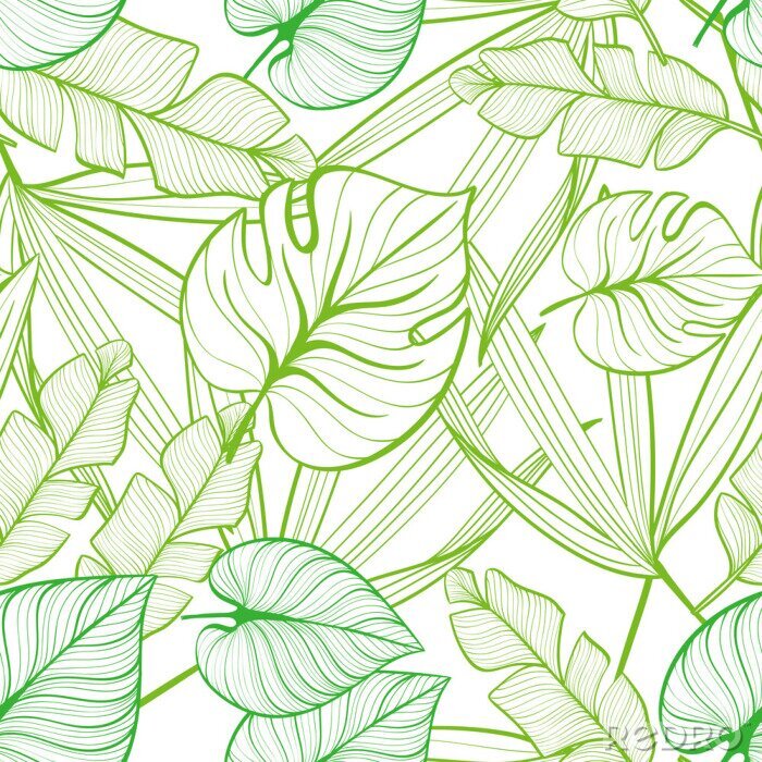 Tapete Nahtloses Blumenmuster mit tropischen Blättern. Strichzeichnung. Handgezeichnete Illustration