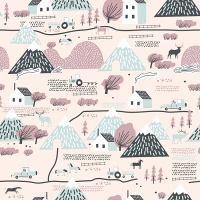 Nahtloses buntes Muster mit Haus, Bäumen, Pferden, Bergen und Hügeln. Perfekt für Kinder Stoff, Textil, Kinderzimmer Tapete