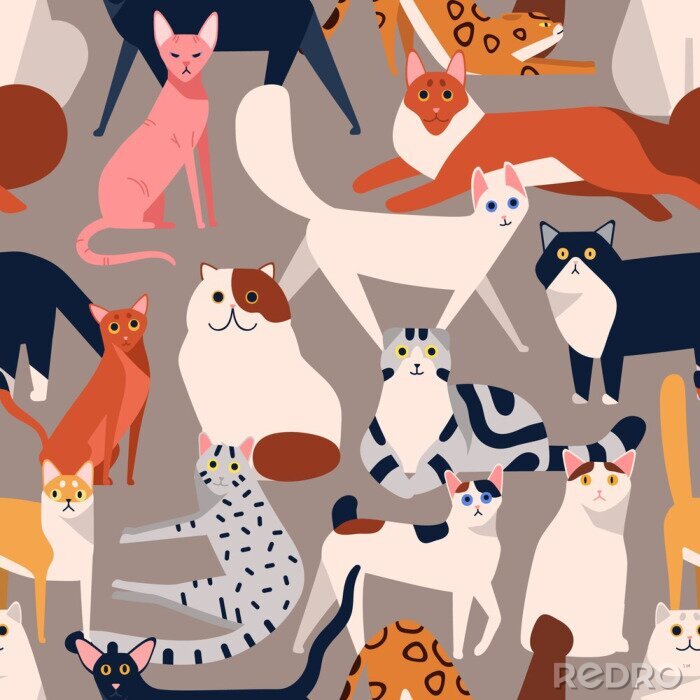 Tapete Nahtloses farbiges Muster mit flacher Illustration verschiedener Katzenrassen. Kreativer dekorativer Hintergrund mit verschiedenen Haustiervektoren lokalisiert auf Grau. Lustiges niedliches Haustier