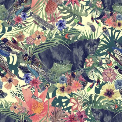 Tapete Nahtloses handgezeichnetes Aquarellmuster mit Panther, Blättern, Blumen, Federn