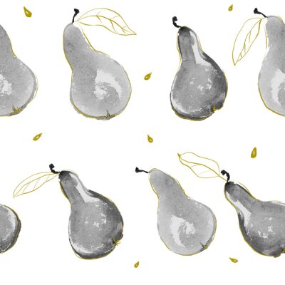 Nahtloses handgezeichnetes Muster der Aquarellbirnen mit Samen und goldenen Blättern