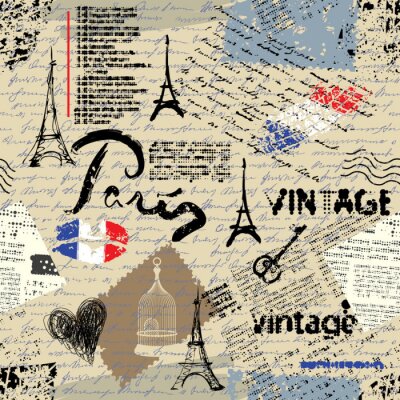 Tapete Nahtloses Hintergrundmuster. Nachahmung einer Weinleseeinklebebuchcollage mit einer Paris-Beschriftung.