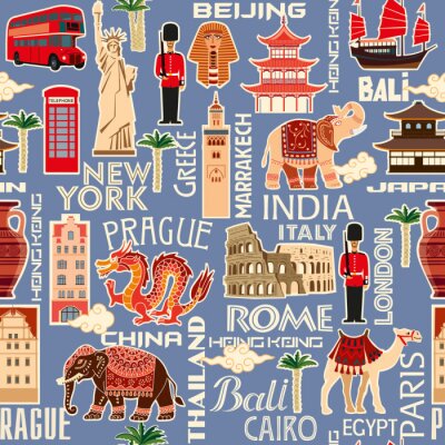 Nahtloses Hintergrundmuster von Touristenobjekten aus verschiedenen Ländern. Vektorfarbgrafiken