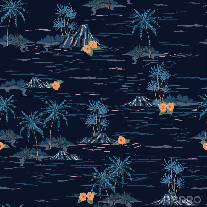 Tapete Nahtloses Inselmuster der dunklen Sommernachtstimmung Landschaft mit Palmen, Strand und Ozeanvektor handgezeichneten Stil