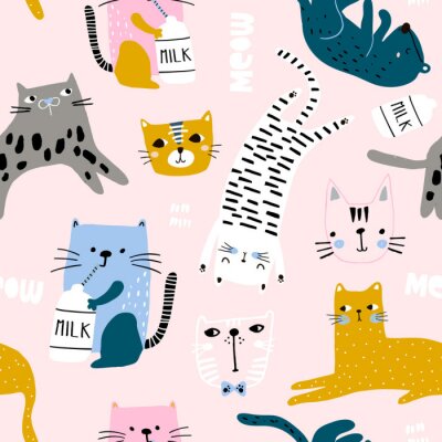 Tapete Nahtloses kindliches Muster mit niedlichen Katzen in verschiedenen Posen. Kreative Kinder handgezeichnete Textur für Stoff, Verpackung, Textil, Tapete, Bekleidung. Vektorillustration