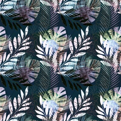 Tapete Nahtloses klares tropisches Muster. Bunte Palmblätter auf einem schwarzen Hintergrund.