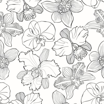 Tapete Nahtloses mit Blumenmuster mit Hand gezeichneten verschiedenen Orchideen. Vektorschwarzweiss-Illustration. Konturzeichnung.