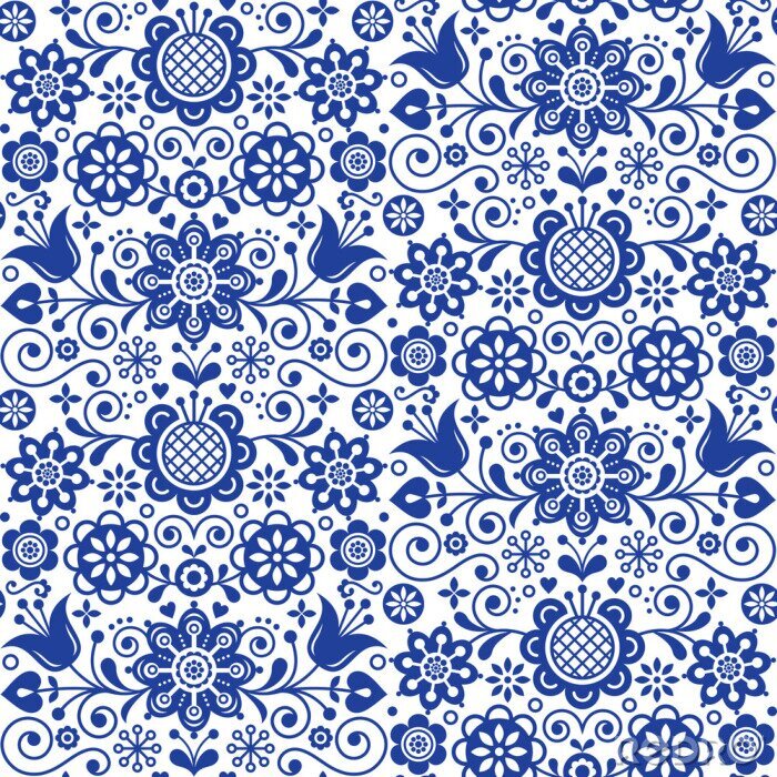 Tapete Nahtloses mit Blumenvolkskunstvektormuster, skandinavisches dunkelblaues sich wiederholendes Design, nordische Verzierung mit Blumen