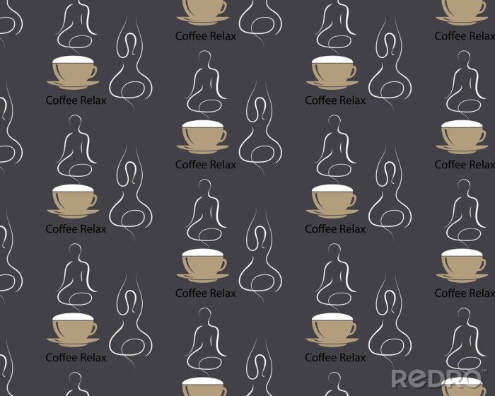 Tapete Nahtloses Muster Dämpfende Kaffeetasse mit Silhouette eines Körpers in Yoga Lotus Assana.  Konzept von Kaffee und Entspannung.  Kaffeezeit, Pause, Ruhe.  EPS10 Vektor im Kaffeestil auf dunklem Hinterg