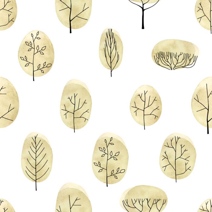 Tapete Nahtloses Muster der Aquarellbäume auf weißem Hintergrund