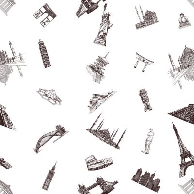Tapete Nahtloses Muster der berühmten gezeichneten Wahrzeichen und Sehenswürdigkeiten der Hand gezeichneten Skizzenartwelt lokalisiert auf weißem Hintergrund. Vektorillustration