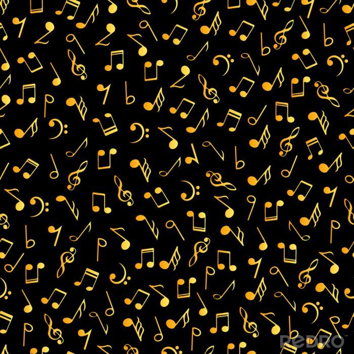 Tapete Nahtloses Muster der dekorativen Noten der Weinlesemusik. Gradient goldene Farben simbols auf schwarzem Hintergrund. Musikalische Symbole der abstrakten Vektorbeschaffenheit