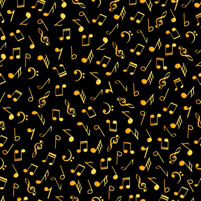 Tapete Nahtloses Muster der dekorativen Noten der Weinlesemusik. Gradient goldene Farben simbols auf schwarzem Hintergrund. Musikalische Symbole der abstrakten Vektorbeschaffenheit