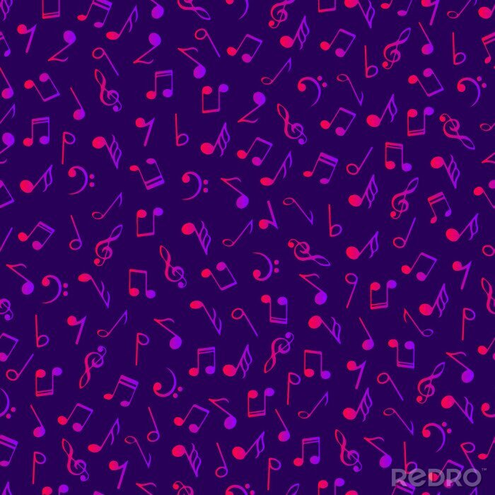 Tapete Nahtloses Muster der hellen Musikdekorationsnoten. Farbverlauf rosa und lila Farben simbols auf dunkelviolettem Hintergrund. Musikalische Symbole der abstrakten Vektorbeschaffenheitskunst