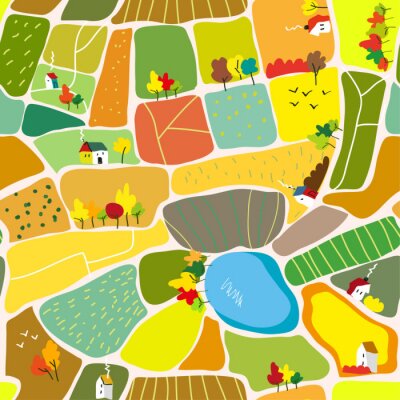 Tapete Nahtloses Muster der Herbstlandschaft mit Häusern, Bäumen und See, Tourismuskarte. Vektorgrafikillustration