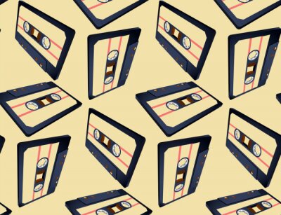 Tapete Nahtloses Muster der kompakten Kassette mit schwebendem oder fliegendem Band in der perspektivischen Ansicht
