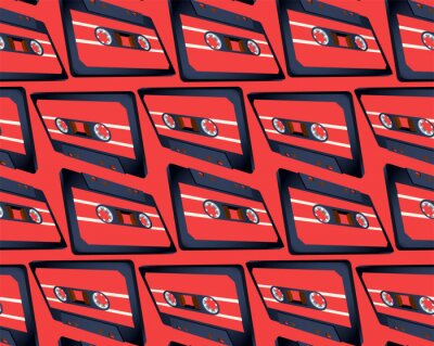 Tapete Nahtloses Muster der kompakten Kassette mit schwebendem oder fliegendem Band in der perspektivischen Ansicht
