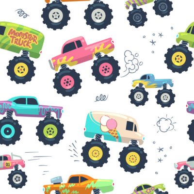 Tapete Nahtloses Muster der Monsterautos. Kinderwagen mit Riesenrad. Vektor endloser Hintergrund. Muster und Hintergrund nahtlos, Monsterauto mit großer Radillustration