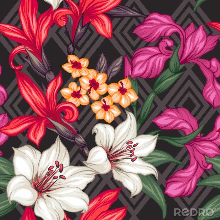 Tapete Nahtloses Muster der tropischen Blätter und Blumen des Vektors. Handgemalte Illustration auf geometrischem Hintergrund