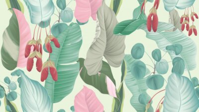 Tapete Nahtloses Muster der tropischen Pflanzen, tropisches Laub und rote Ahornsamen auf hellgrünem Hintergrund, Pastellweinlese-Thema