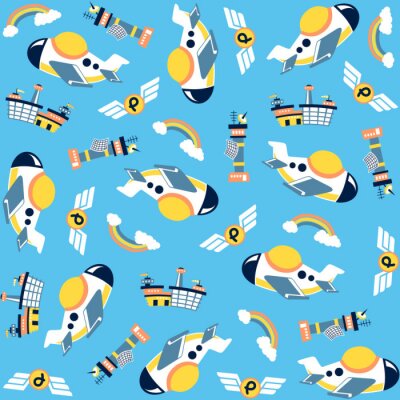 Tapete Nahtloses Muster der Vektorkarikatur mit Flugzeug, Flughafenkontrollturm, Flügellogo, Wolke, Regenbogen auf blauem Hintergrund