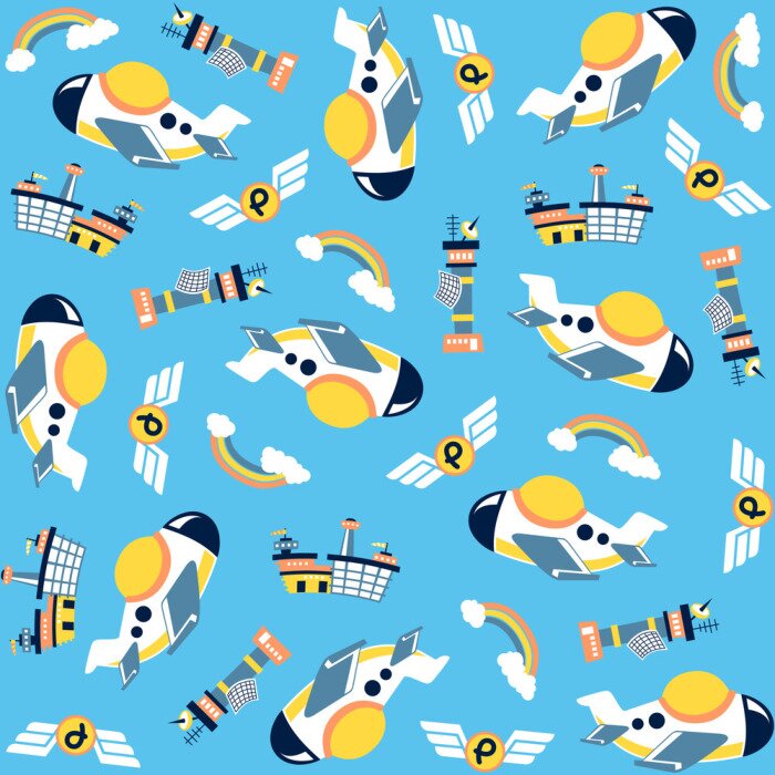 Tapete Nahtloses Muster der Vektorkarikatur mit Flugzeug, Flughafenkontrollturm, Flügellogo, Wolke, Regenbogen auf blauem Hintergrund