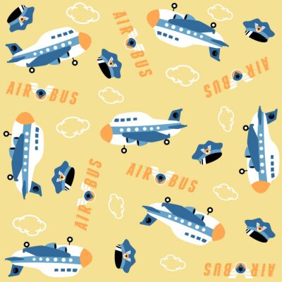 Tapete nahtloses Muster der Vektorkarikatur mit Flugzeug, Pilotenhut, Wolken