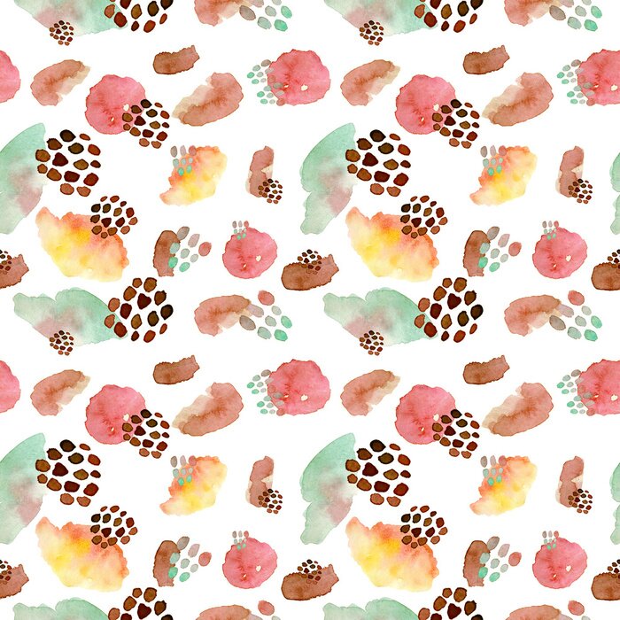 Tapete Nahtloses Muster des Aquarells, Punkt Memphis-Mode-Art, heller Designhintergrund wiederholend. Handgemalte moderne Pinselformen.