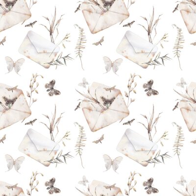 Tapete Nahtloses Muster des Aquarellschmetterlings und der Sommerfeldkräuter. Handgemalte Beschaffenheit mit Umschlag, Motte und botanischen Elementen: Anlagen, Farn, Blätter. Natürlicher sich wiederholender