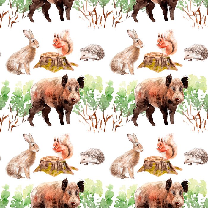 Tapete nahtloses Muster des Aquarellwaldes mit Tieren und Pflanzen