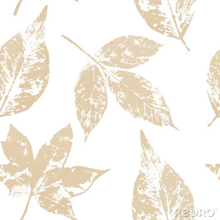 Tapete Nahtloses Muster des Blattgoldes auf weißem Hintergrund. Blattdruck mit goldener Acrylfarbe. Weihnachtsdekoration im Stil Grunge