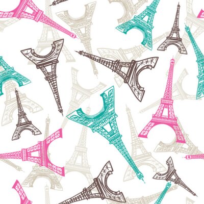 Tapete Nahtloses Muster des Eiffelturms. Französischer Vektor Hintergrund. Vintage Stoff Textur in Pastellfarben