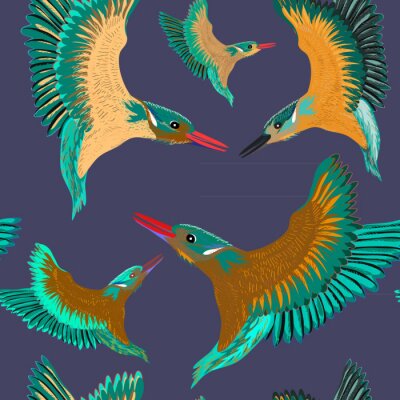 Tapete Nahtloses Muster des Eisvogels. Vektorillustration der Vögel auf dunkelblauem Hintergrund