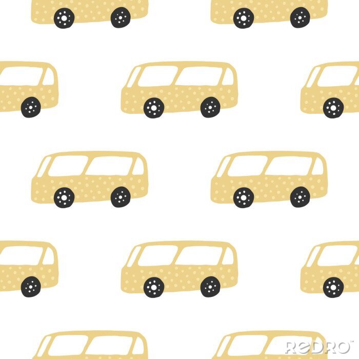 Tapete Nahtloses Muster des gelben Busses. Gekritzelautos Vektorillustration