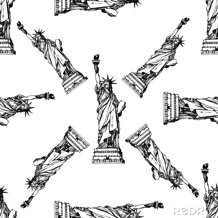 Tapete Nahtloses Muster des Hand gezeichneten Skizzenart Freiheitsstatuen. Vektorillustration lokalisiert auf weißem Hintergrund.