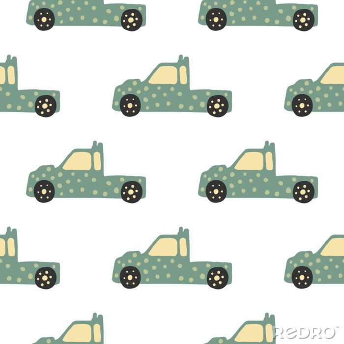 Tapete Nahtloses Muster des Lastwagens. Gekritzelautos Vektorillustration