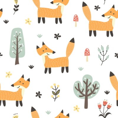 Nahtloses Muster des lustigen Fuchses. Waldhintergrund im kindlichen Stil